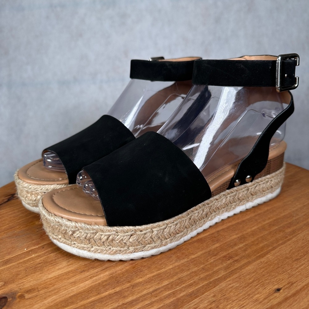 Soda Espadrille Platform Sandals Women Size 9 Black Good Ankle Strap Wedge